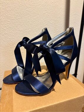 Elegant Navy Satin Bow High Heel Sandals - Women's